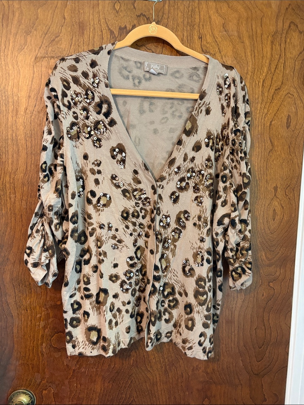 Jill Stuart Taupe Leopard Sequin V-Neck Cardigan